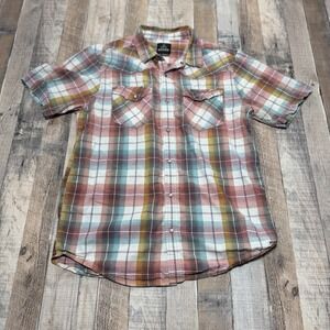 PrAna Western Pearl Snap Shirt Mens Large Plaid Organic Cotton Multicolor